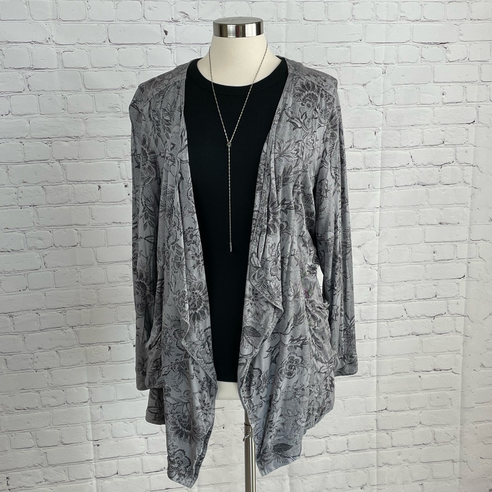 Knox Rose Open Front Gray Botanical/Floral Jacket Internal Drawstring Large